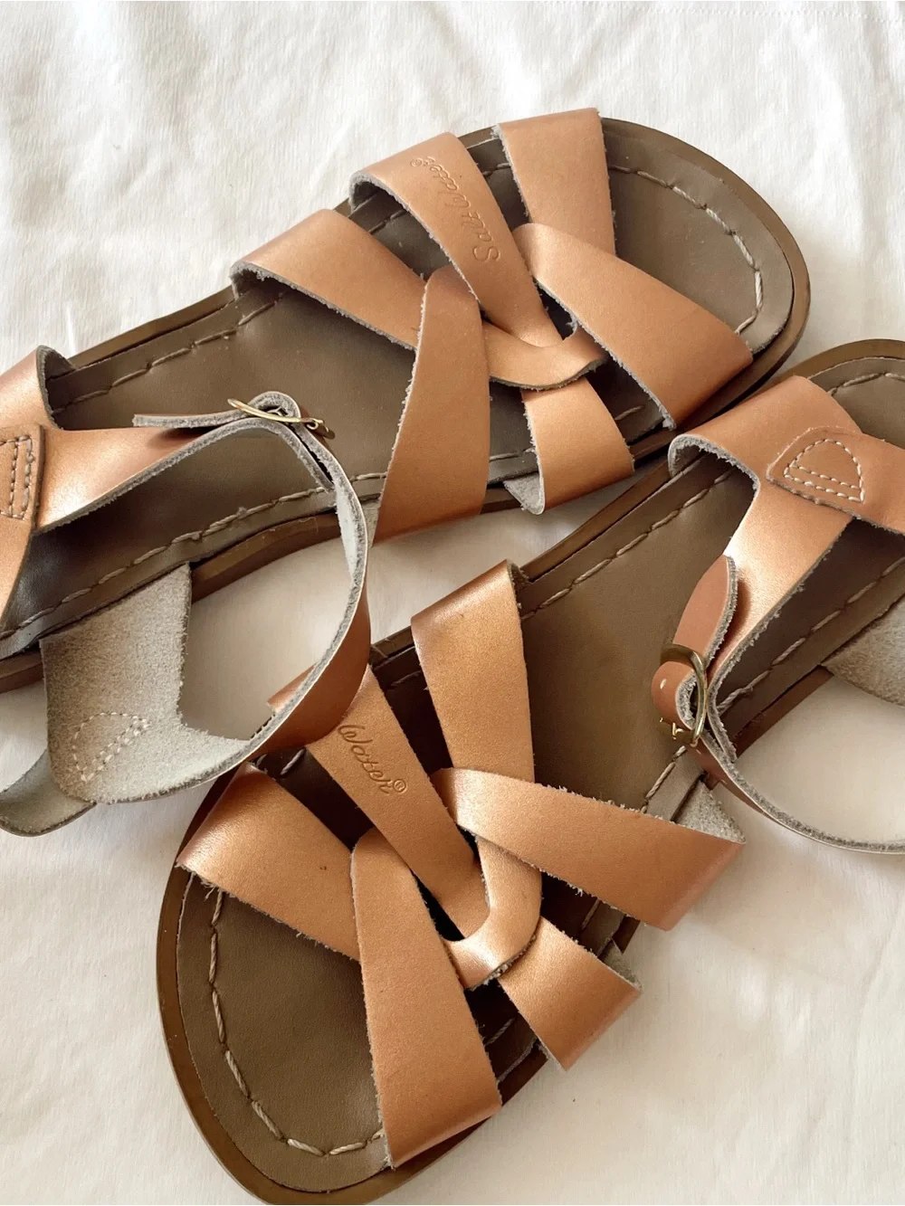 SALT WATER Sandals Hoy Fisherman Rose Gold Leather Buckle Mary Jane Strappy